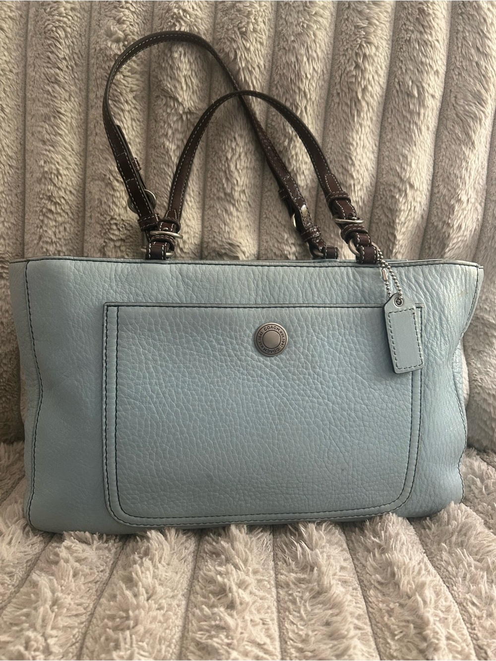 Coach Light Blue Pebbled Leather Shoulder Bag Brown Straps Tote